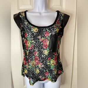 Y2K Black Sheer Whimsigoth Floral Lace Top Faux Leather Pocket Medium